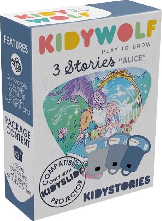 Dia Kidystories blauw, alice in wonderland geschikt voor educatief speelgoed Kidywolf Kidyslide