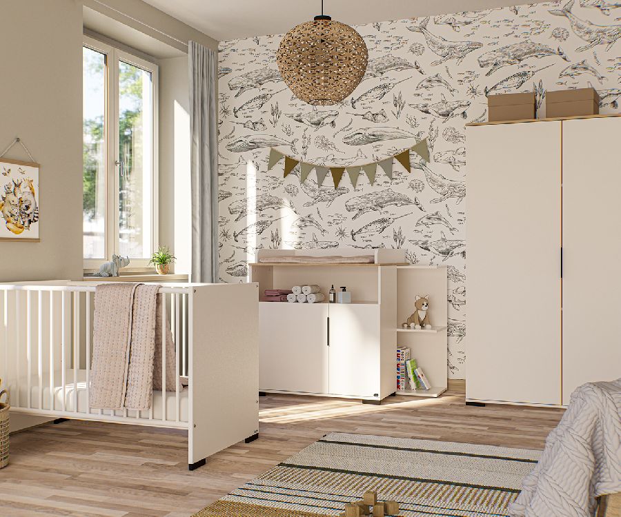 Kamer Suzie bruin/ecru, off white-scandinavian wood 5 delig: babybed/commode/commodeverdieper/kast/vakkenkast
